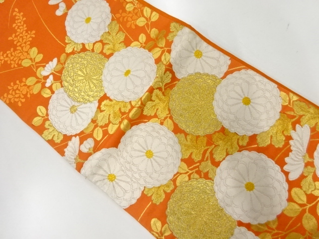 アンティーク　菊に秋草模様織出し袋帯（材料）